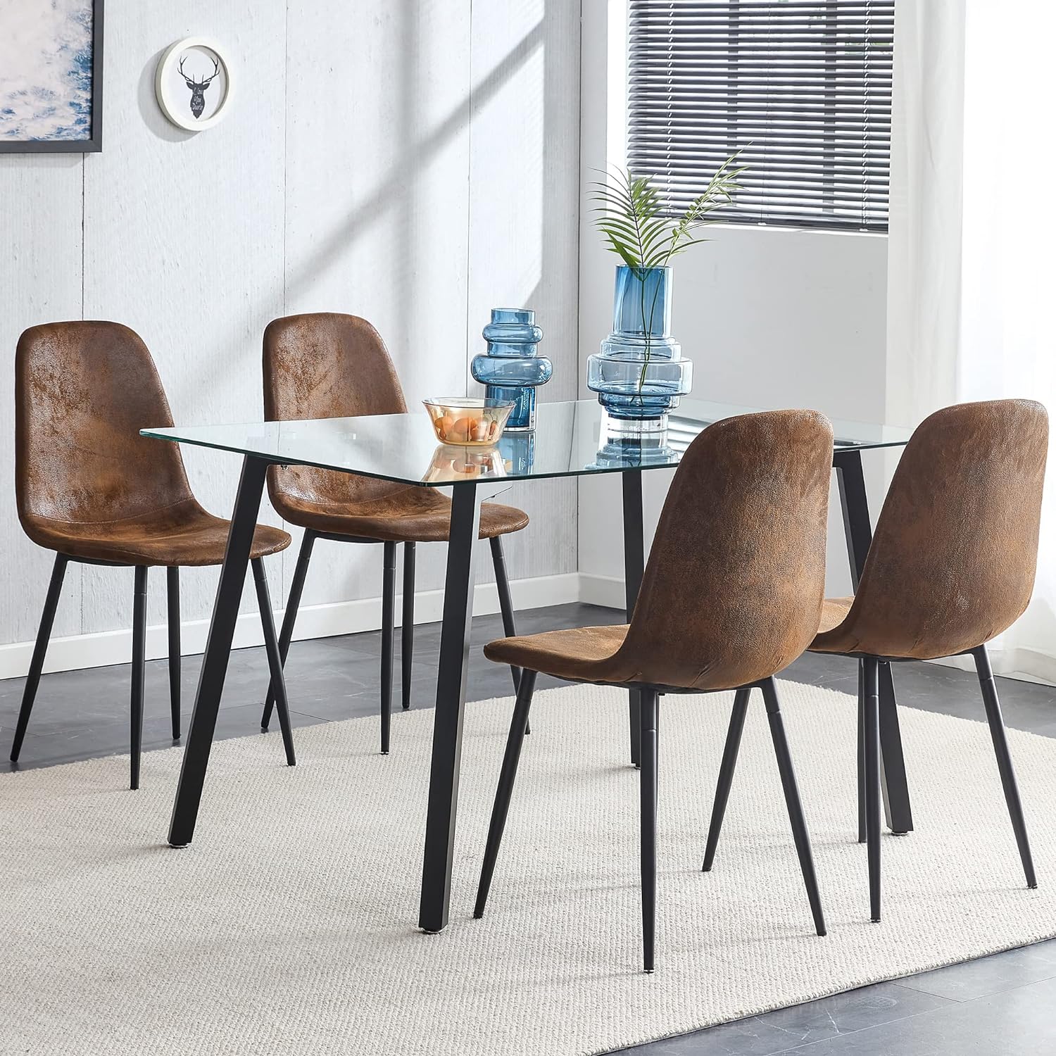 Glass Dining Table Set for 4,Kitchen Room Table and Chairs,51" Rectangle Tampered Glass Table Top with Black Metal Legs,Dinner Table with 4 Brown Armless Dining Chairs,Small Dinette Set