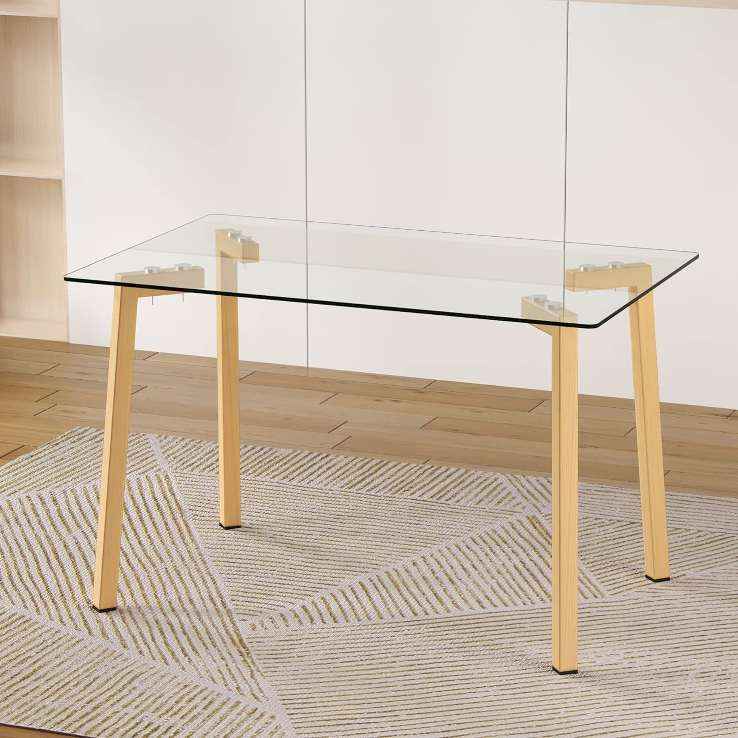 47 inch Small Dining Room Table,0.31 Thick Tempered Glass Table Top Clear Office Table Desk Transparent Glass Dining Table Rectangle Kitchen Dinner Table with Wood Coat Metal Leg