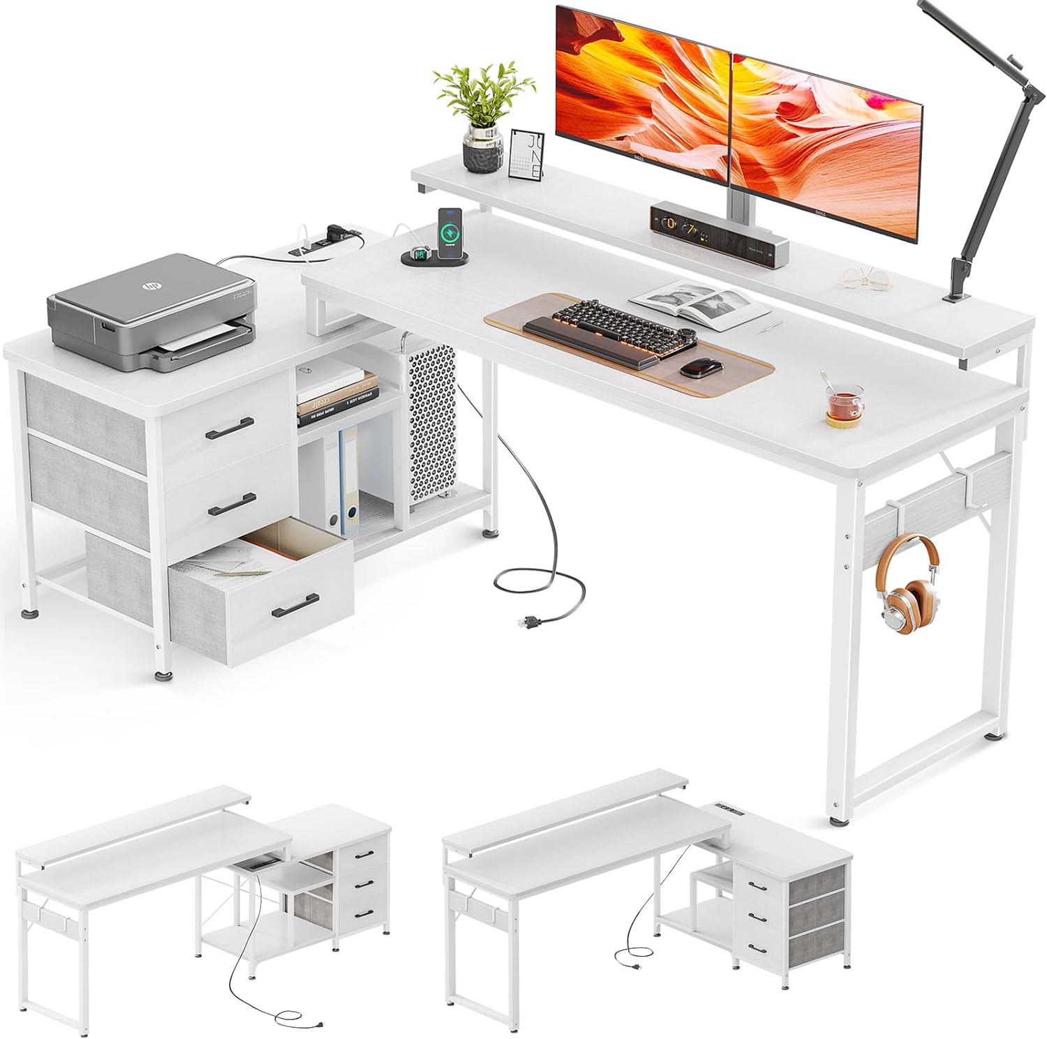 KKL 70 inch L Shaped White Computer Desk with Drawers & Power Outlets, L-Shaped Gaming Desk with Removable File Cabinet, Reversible Corner Desk with Monitor Stand for Home Office Workstation, White