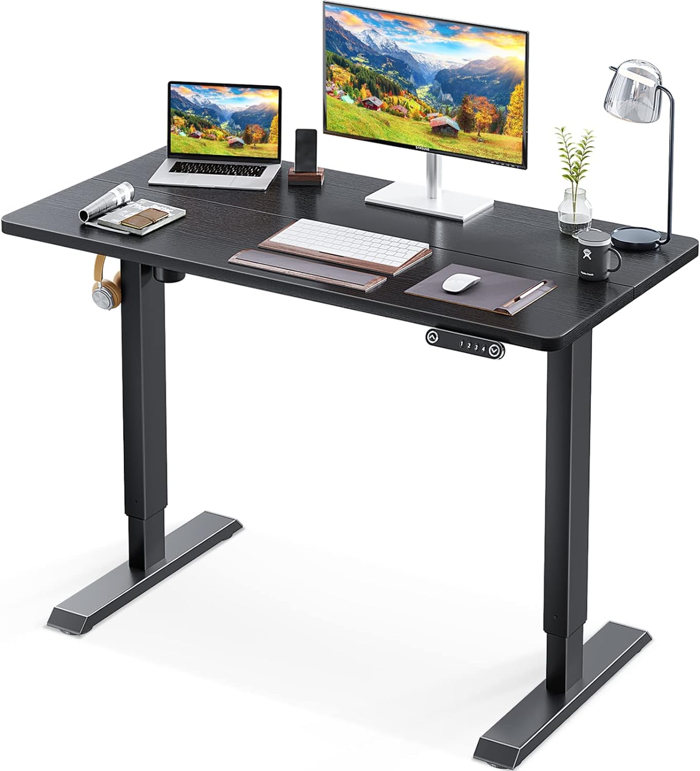 KKL 48-inch Height Adjustable Electric Standing Desk, 48 x 24 Inches Stand Up Desk with Splice Board and Hook, Sit Stand Desk with Black Top and Black Frame