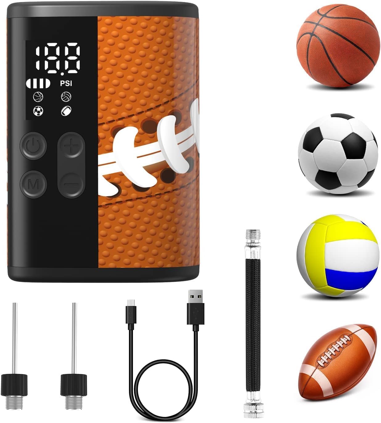 Woowind Ball Pump Electric Basketball Pump with Pressure Gauge LED Lighting and Power Bank, Automatic Portable Ball Inflator with Ball Needle for Football,Soccer,Sports Balls