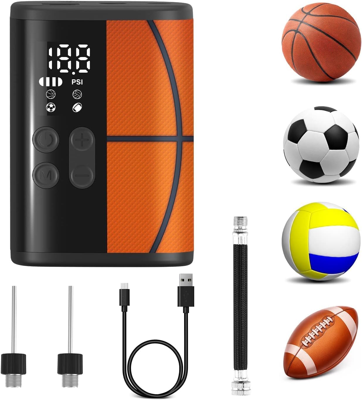 Woowind Ball Pump Electric Basketball Pump with Pressure Gauge LED Lighting and Power Bank, Automatic Portable Ball Inflator with Ball Needle for Football,Soccer,Sports Balls