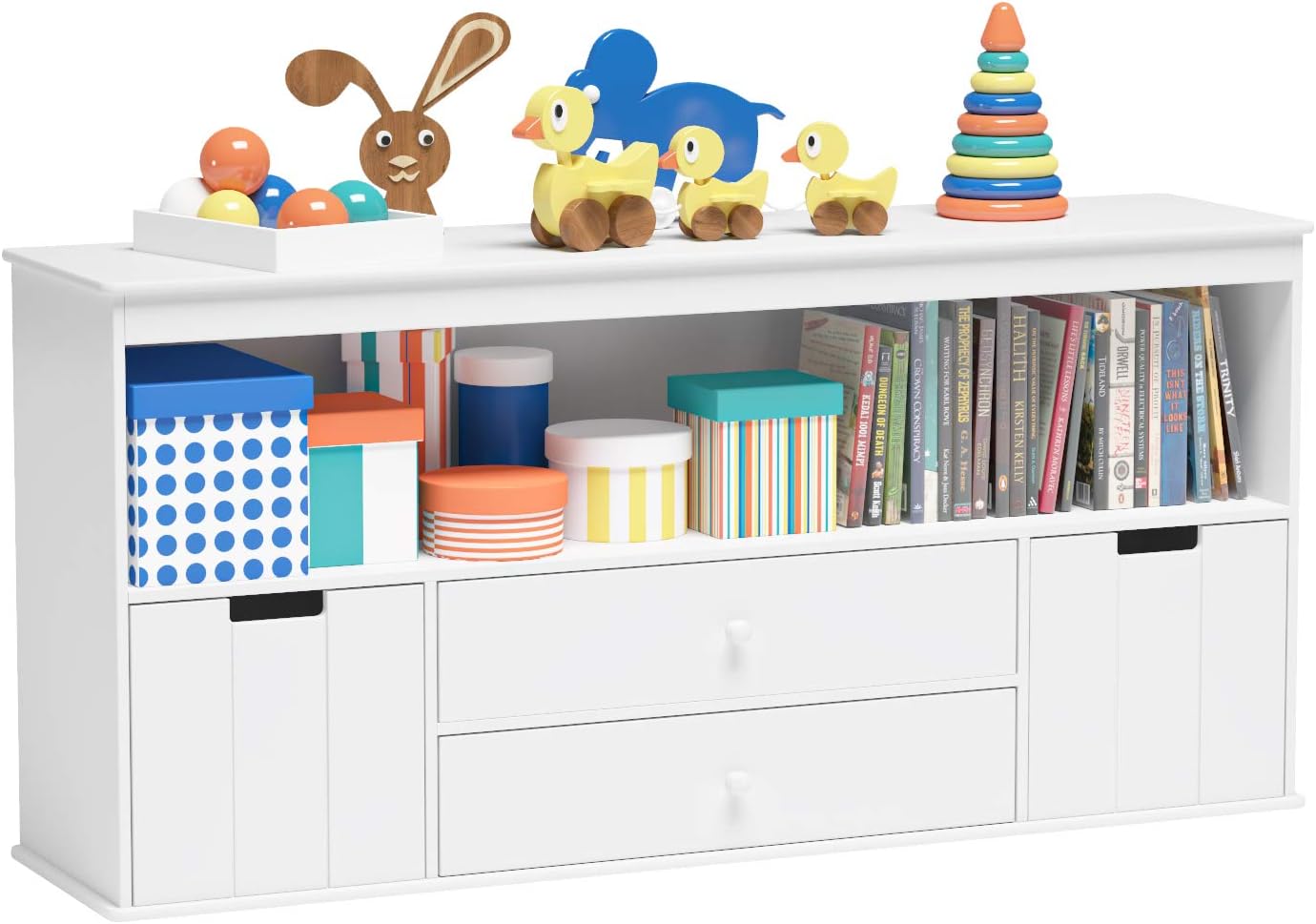Timy 51.9" Toy Storage Organizer with 2 Drawers, Wooden Toy Organizer Bins, Kids Bookshelf for Reading, Storing, Playing, White