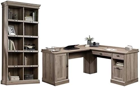 2 Piece Office Set with L-Shaped Home Office Computer Desk and Bookcase in Salt Oak