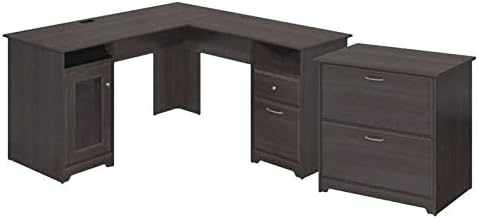 2 Piece Office Set with L Shape Desk and Filing Cabinet in Heather Gray