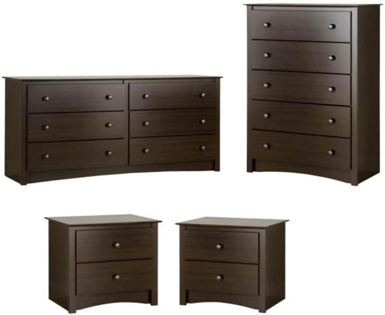 Home Square Fremont 4 Piece Furniture Set with 2 Wooden Night Table, 6-Drawer Dresser and 5-Drawer Chest in Espresso