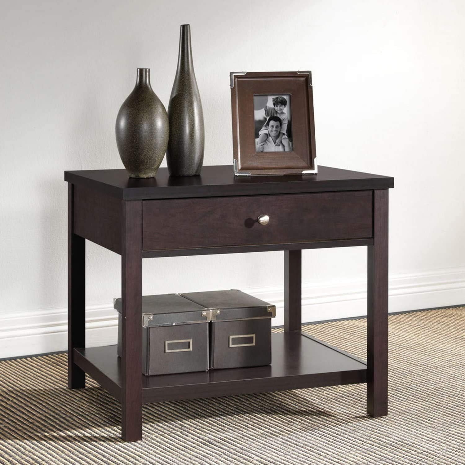 Home Square Set of 2 Living Room Furniture, 1 Drawer Accent End Table/Nightstand in Dark Brown