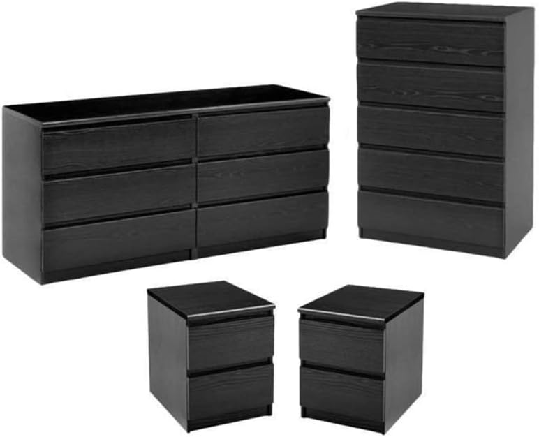 Home Square 4 Piece Set with 6 Drawer Dresser 5 Drawer Chest and Two Nightstands in Black Woodgrain