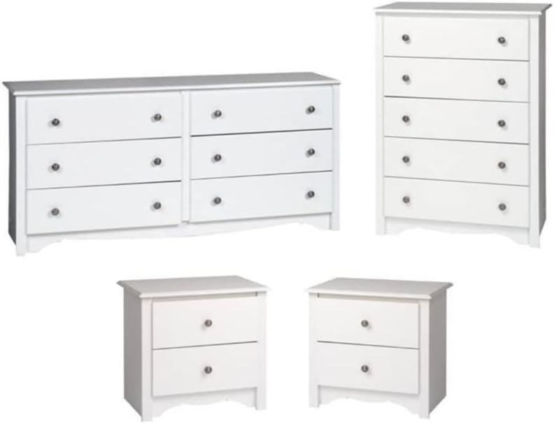 Home Square Monterey 4 Piece Set with 2 Wooden Nightstands 1 Bedroom Dresser and 1 Chest in White