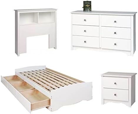 Home Square Monterey 4 Piece Kids Bedroom Set with 1 Wooden Bed 1 Headboard 1 Double Bedroom Dresser, and 1 Nightstand in White