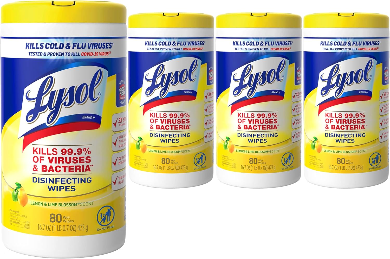 Lysol Disinfectant Wipes, Multi-Surface Antibacterial Cleaning Wipes, For Disinfecting and Cleaning, Lemon and Lime Blossom, 80 Count (Pack of 4)