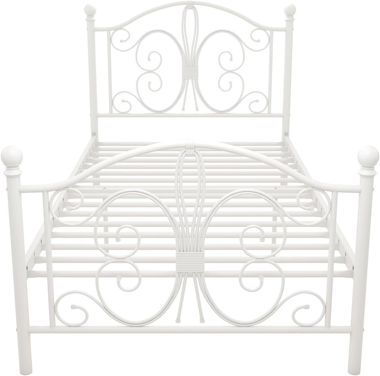 DHP Bombay Metal Platform Bed with Parisian Style Headboard and Footboard, Adjustable Base Height for Underbed Storage, No Box Spring Needed, Twin, White