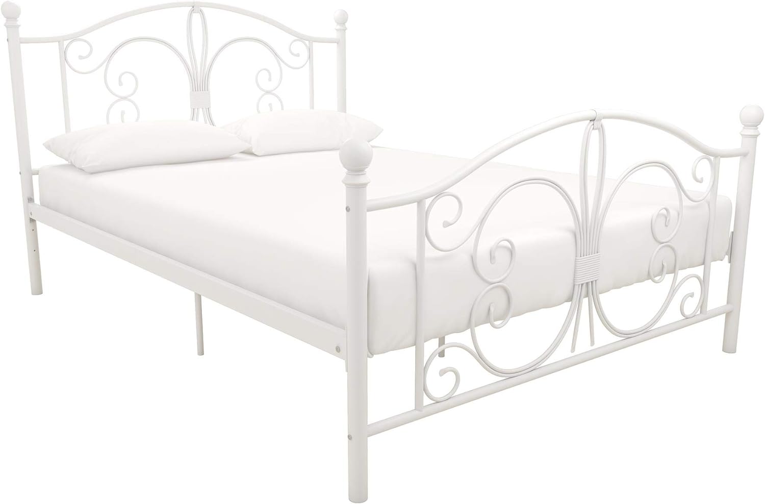 DHP Bombay Metal Platform Bed with Parisian Style Headboard and Footboard, Adjustable Base Height for Underbed Storage, No Box Spring Needed, Full, White