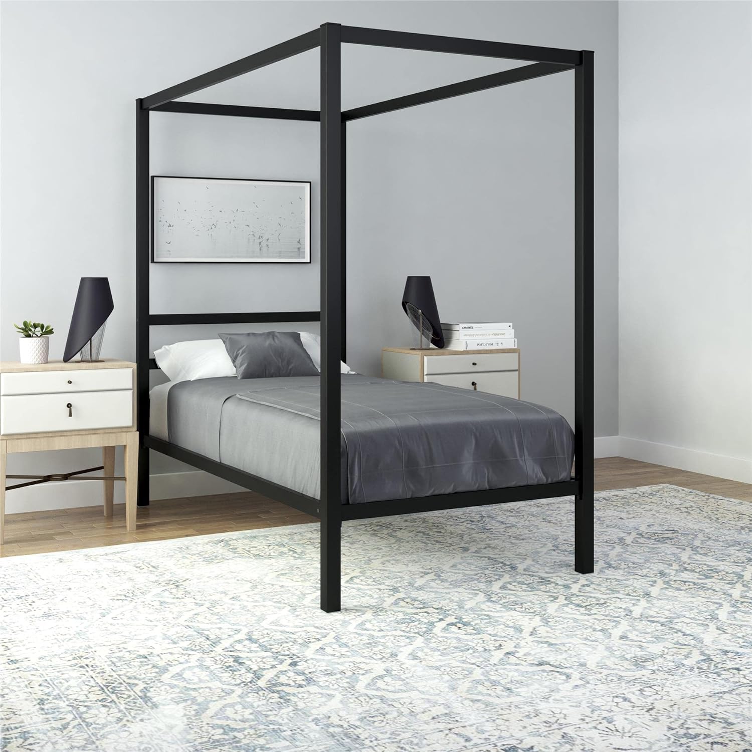 DHP Modern Metal Canopy Platform Bed with Minimalist Headboard and Four Poster Design, Underbed Storage Space, No Box Spring Needed, Twin, Black