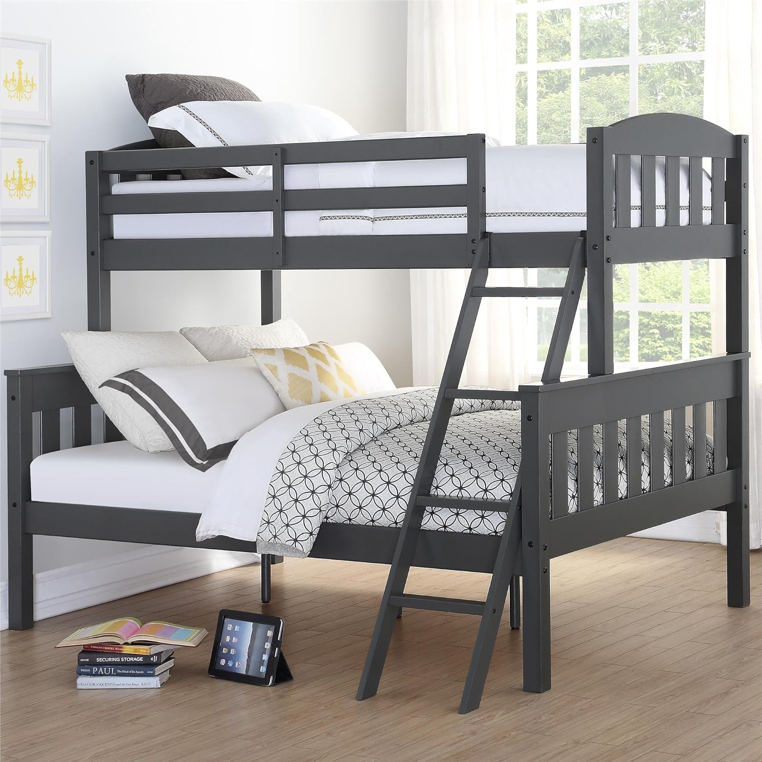 Dorel Living Airlie Solid Wood Bunk Beds Twin Over Full with Ladder and Guard Rail, Slate Gray