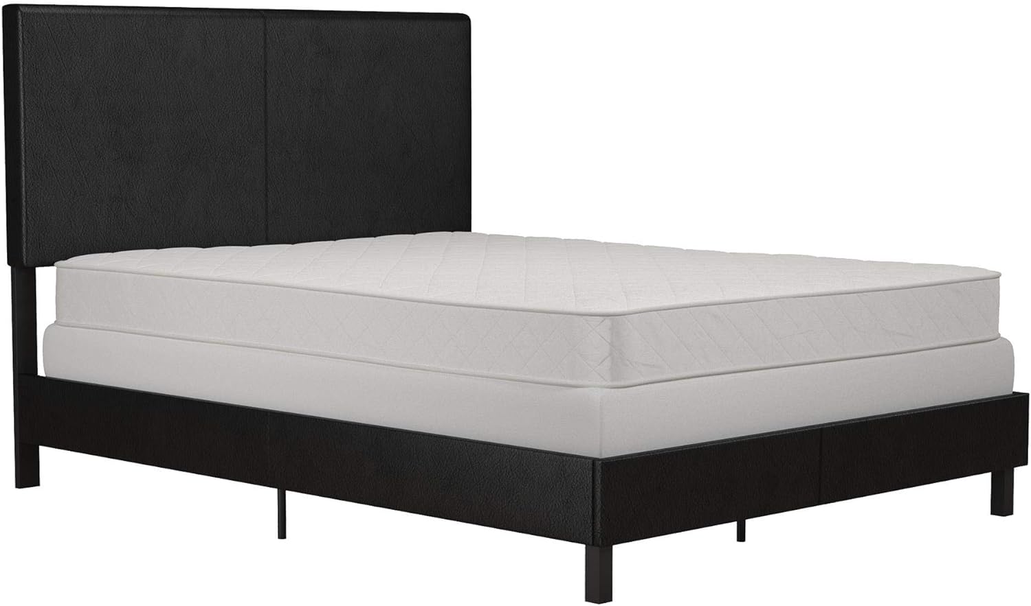 DHP Janford Upholstered Platform Bed with Modern Vertical Stitching on Rectangular Headboard, Queen, Black Faux Leather