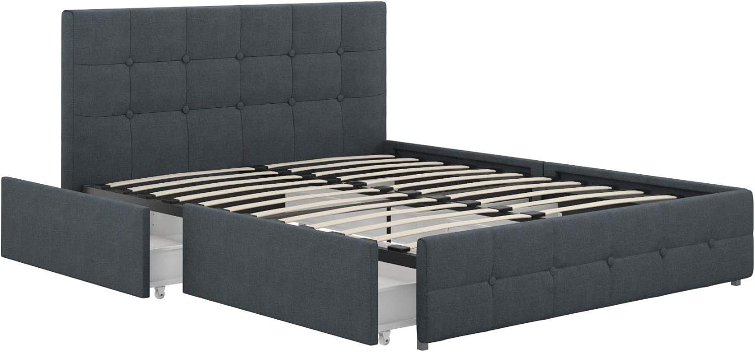 DHP Rose Upholstered Platform Bed with Underbed Storage Drawers and Button Tufted Headboard and Footboard, No Box Spring Needed, Full, Blue Linen