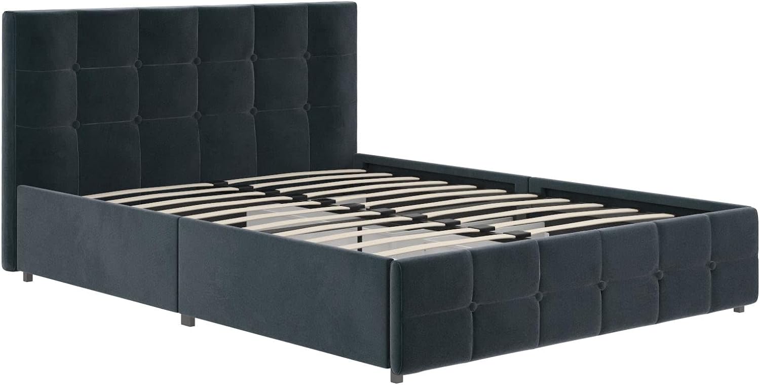 DHP Rose Upholstered Platform Bed with Underbed Storage Drawers and Button Tufted Headboard and Footboard, No Box Spring Needed, Full, Blue Velvet