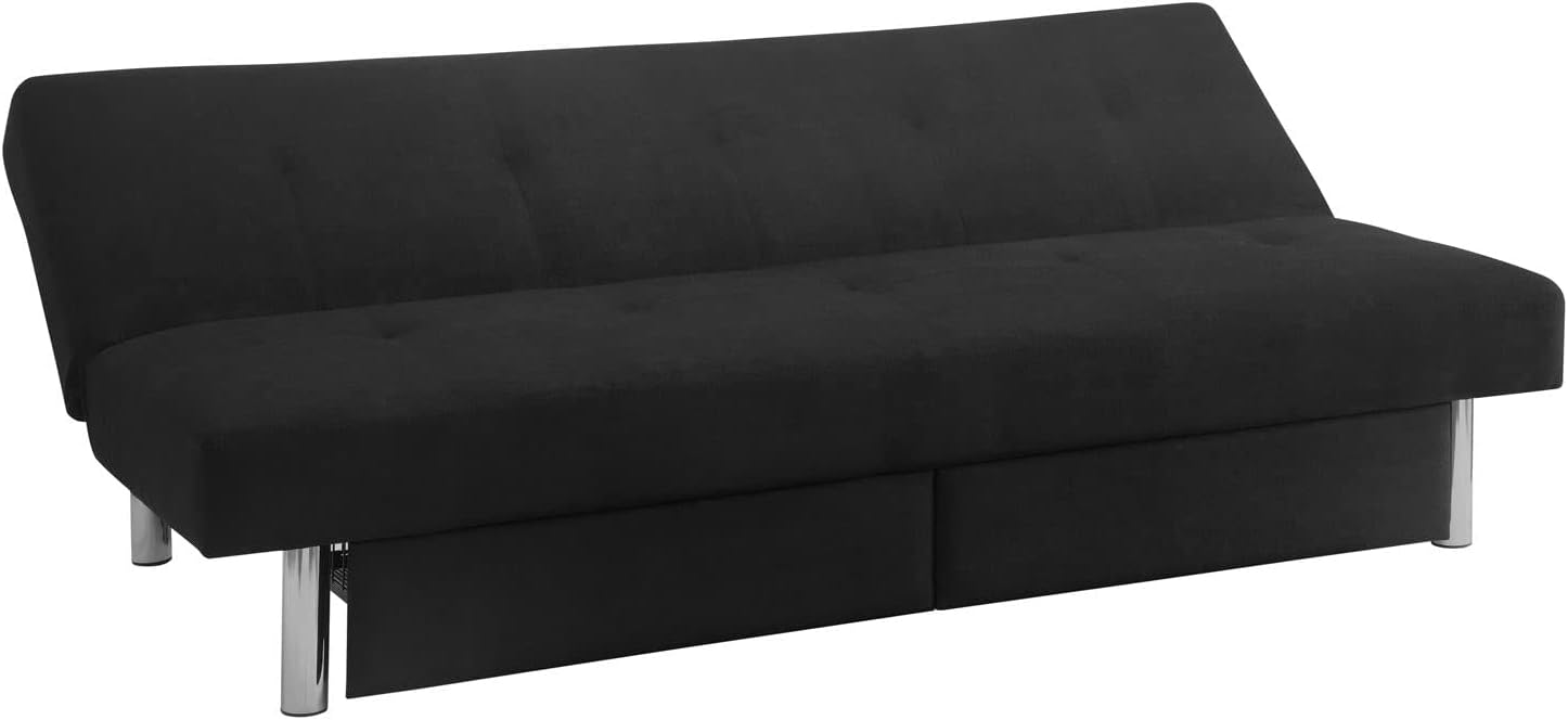 DHP Sola Convertible Sofa Futon with Space Saving Storage Compartments, Chrome Legs and Upholstered in Rich Black Microfiber