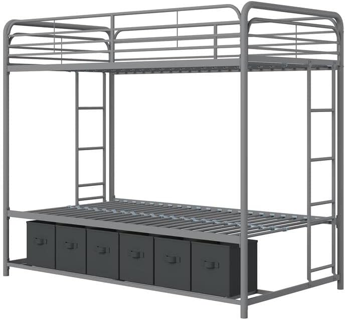 DHP Bonnie Twin Bed with Storage Bins Bunk, Silver