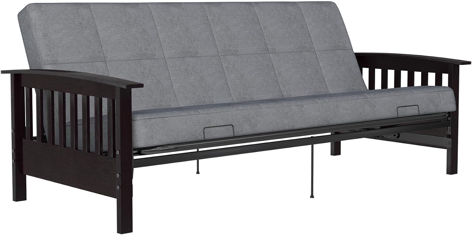 DHP 2524449 Espresso Wood Arm Metal Futon Frame with 6-Inch Mattress, Gray