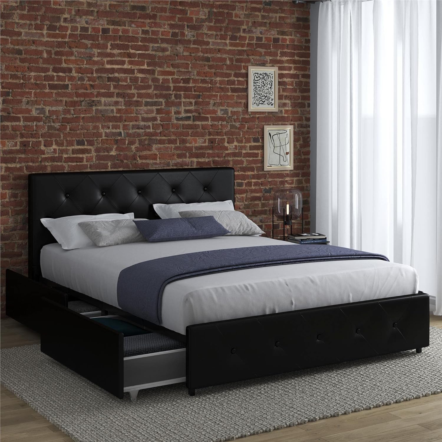 DHP Dakota Upholstered Platform Bed with Underbed Storage Drawers and Diamond Button Tufted Headboard and Footboard, No Box Spring Needed, Full, Black Faux Leather