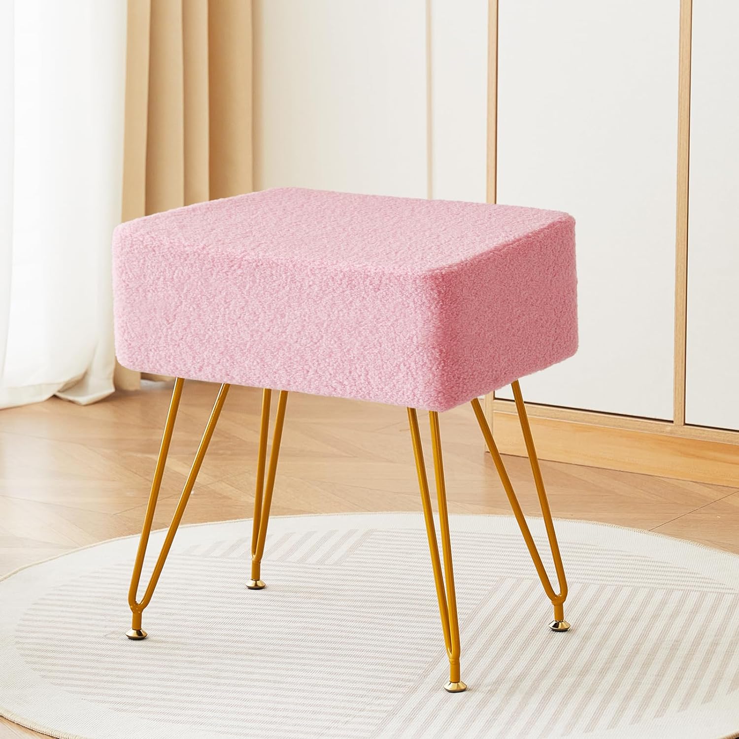 BMWEI Teddy Velvet Stool Chair, Footrest Footstool Ottoman, Small Side Table, with 4 Metal Legs, Step Modern Stool, Anti-Slip Feet, for Living Room, Makeup Room, Bedroom(Pink)