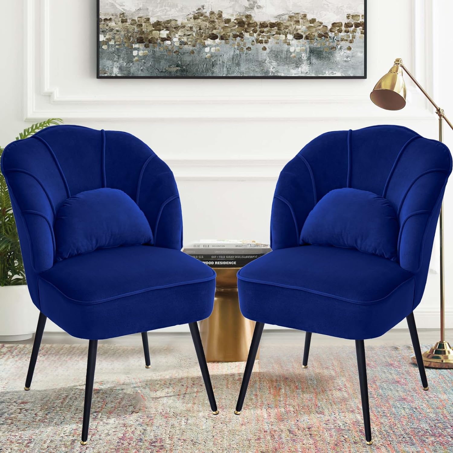 BMWEI Accent Chair, Velvet Sofa Chair Set of 2, Wingback Leisure Chair with Metal Stool Legs for Living Room Bedroom Makeup Comfy Reading Shell Chairs(2Navy Blue)