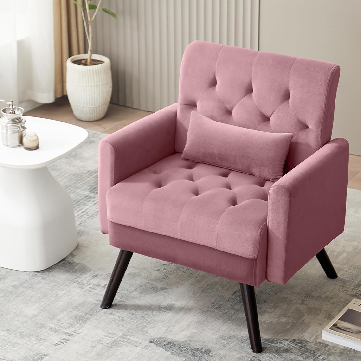 BMWEI Pink Accent Chair, Modern Button Tufted Armchair, Velvet Sofa Chair with Wood Legs for Living Room Bedroom Reading Club Office Chair Comfy Chair(Pink)