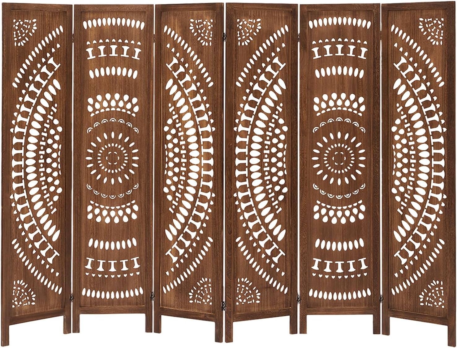 BMWEI Room Divider, 5.6 FT Wall Divider, 6 Panel Wood Screen, Portable Freestanding Carved Room Dividers for Home Bedroom Office Restaurant(Rustic Brown)