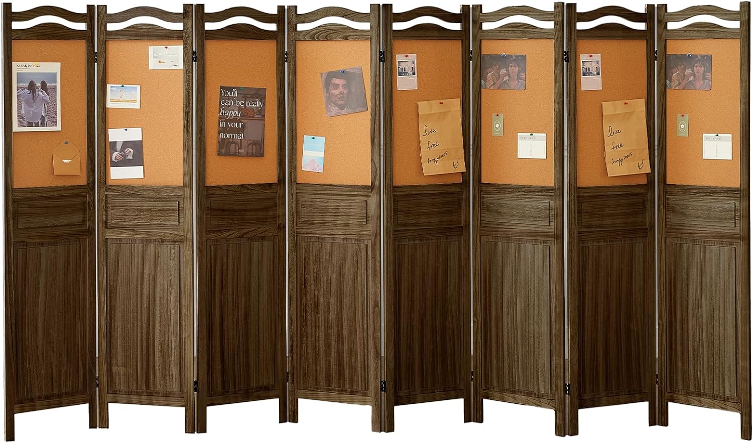 BMWEI 8 Panels Wood Room Divider with Cork Board, Room Divider and Folding Privacy Screens 5.6 Ft Privacy Screen Freestanding Wall Partition for Home Market Restaurant(Dark Brown)