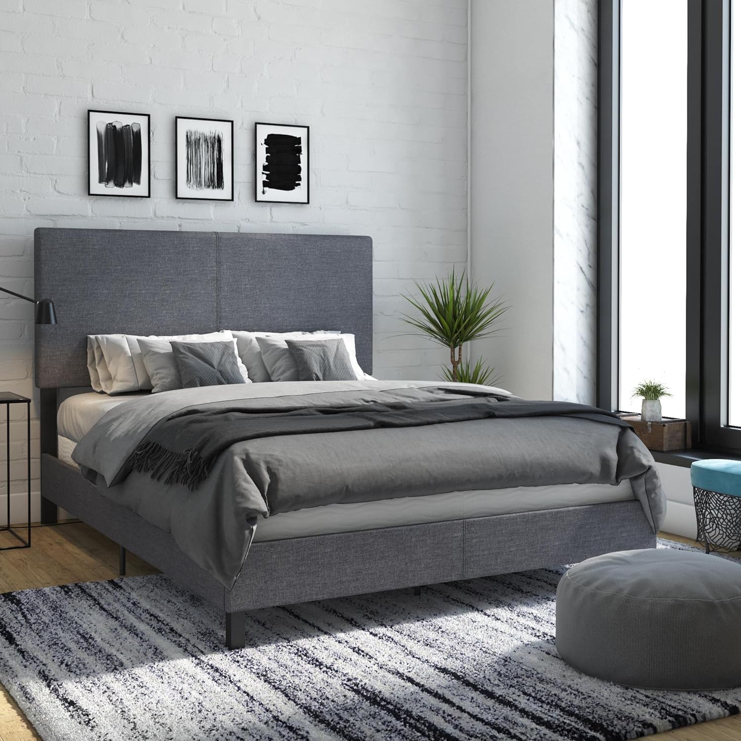 DHP Janford Upholstered Platform Bed with Modern Vertical Stitching on Rectangular Headboard, Queen, Gray Linen