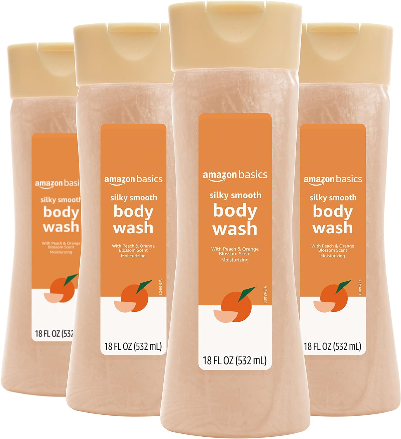 Amazon Basics Silky Smooth Body Wash, Peach and Orange Blossom Scent, 18 Fluid Ounces, Pack of 4