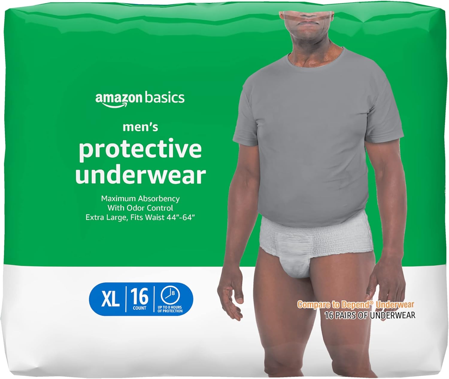 Amazon Basics Incontinence Underwear for Men, Maximum Absorbency, Extra Large, 16 Count, White (Previously Solimo)