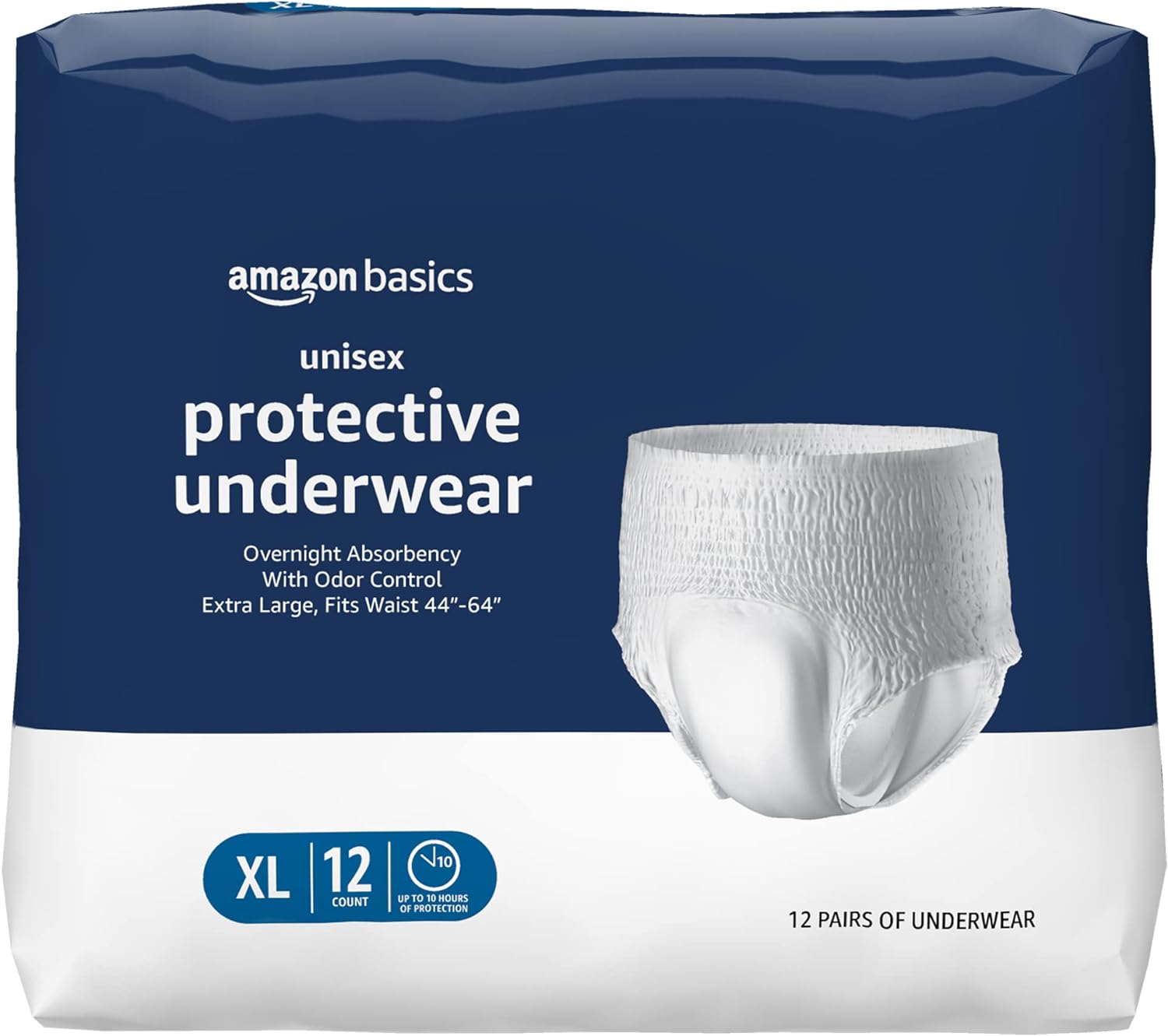 Amazon Basics Incontinence Underwear for Men and Women, Overnight Absorbency, Extra Large, 12 Count, 1 Pack, White (Previously Solimo)