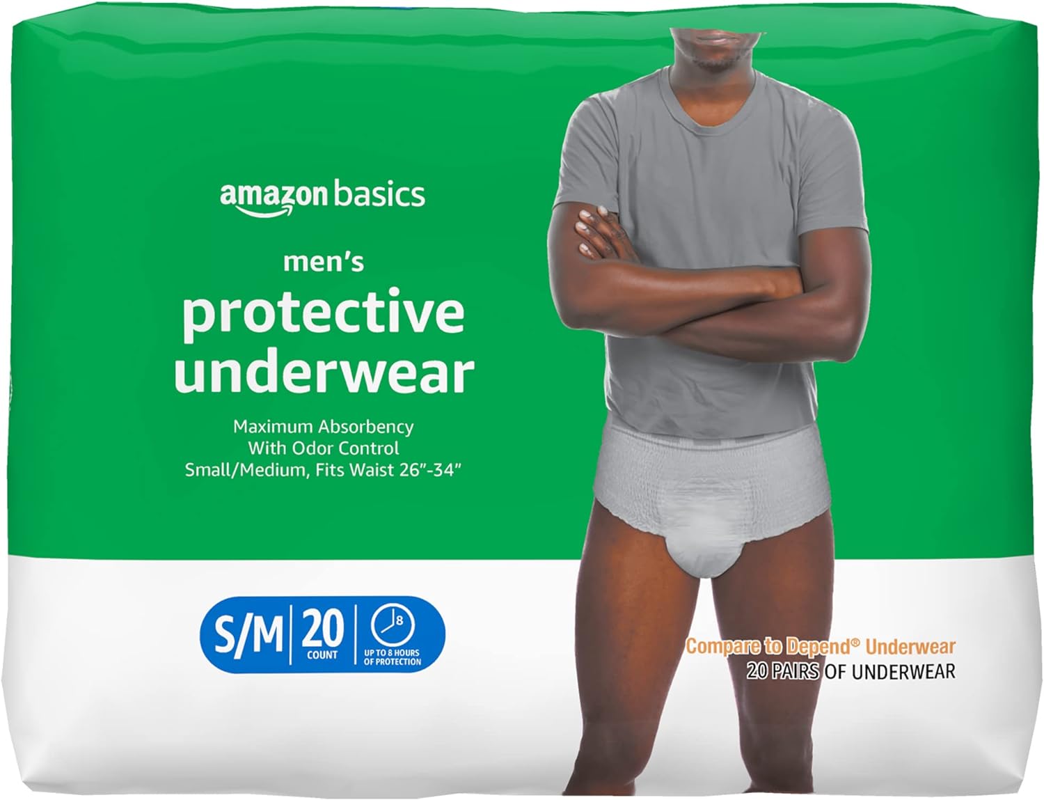 Amazon Basics Incontinence Underwear for Men, Maximum Absorbency, Small/Medium, 20 Count, White (Previously Solimo)