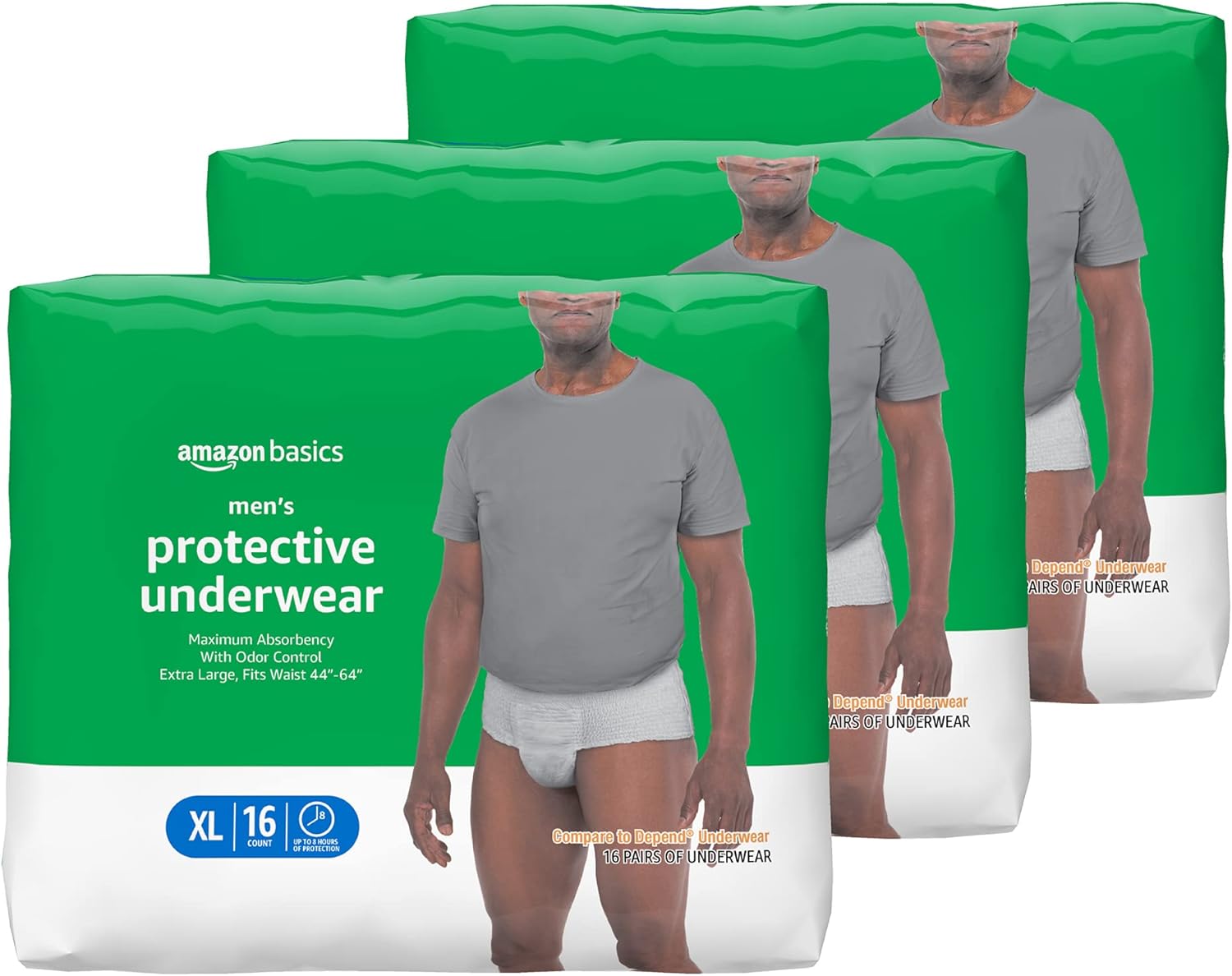 Amazon Basics Incontinence Underwear for Men, Maximum Absorbency, X-Large, White, 48 Count, 3 Packs of 16 (Previously Solimo)