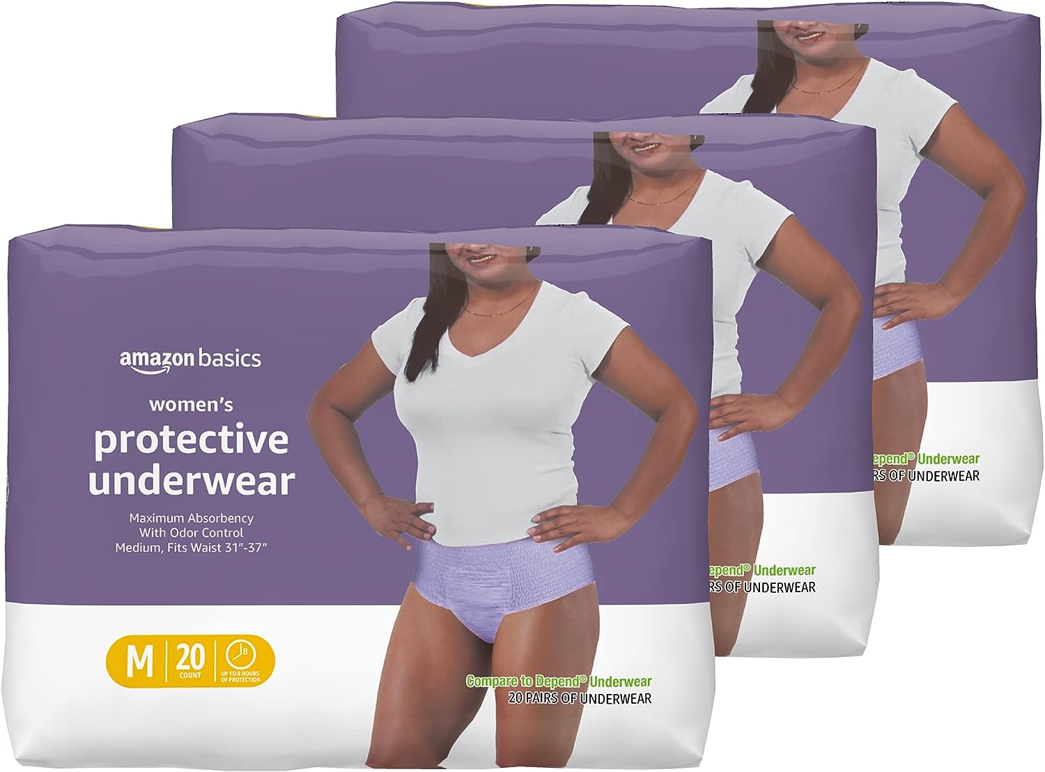 Amazon Basics Incontinence & Postpartum Underwear for Women, Maximum Absorbency, Medium (60 Count) - 20 Count (Pack of 3), Lavender (Previously Solimo)