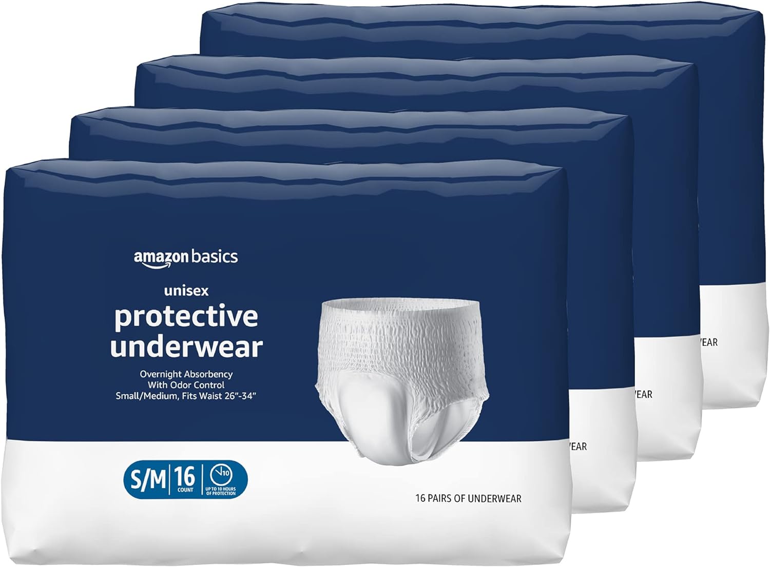 Amazon Basics Incontinence Underwear for Men and Women, Overnight Absorbency, Small/Medium, 64 Count (4 Packs of 16), White (Previously Solimo)