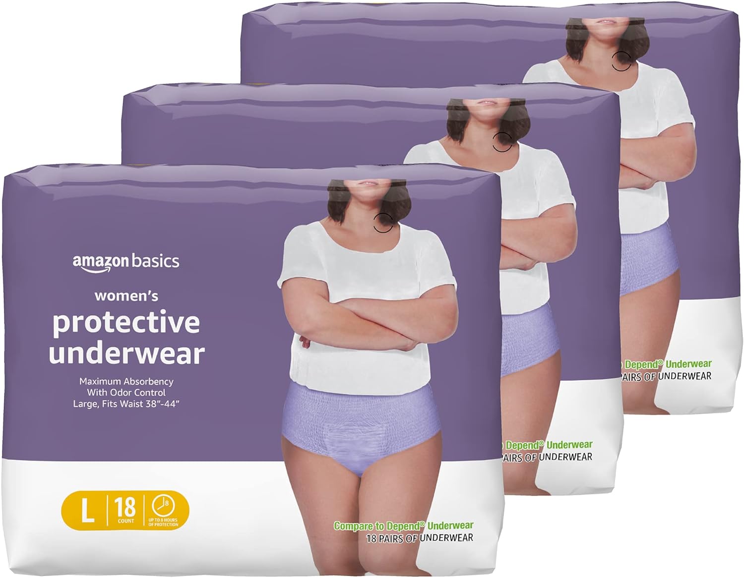 Amazon Basics Incontinence & Postpartum Underwear for Women, Maximum Absorbency, Large, 54 Count, 3 Packs of 18, Lavender (Previously Solimo)