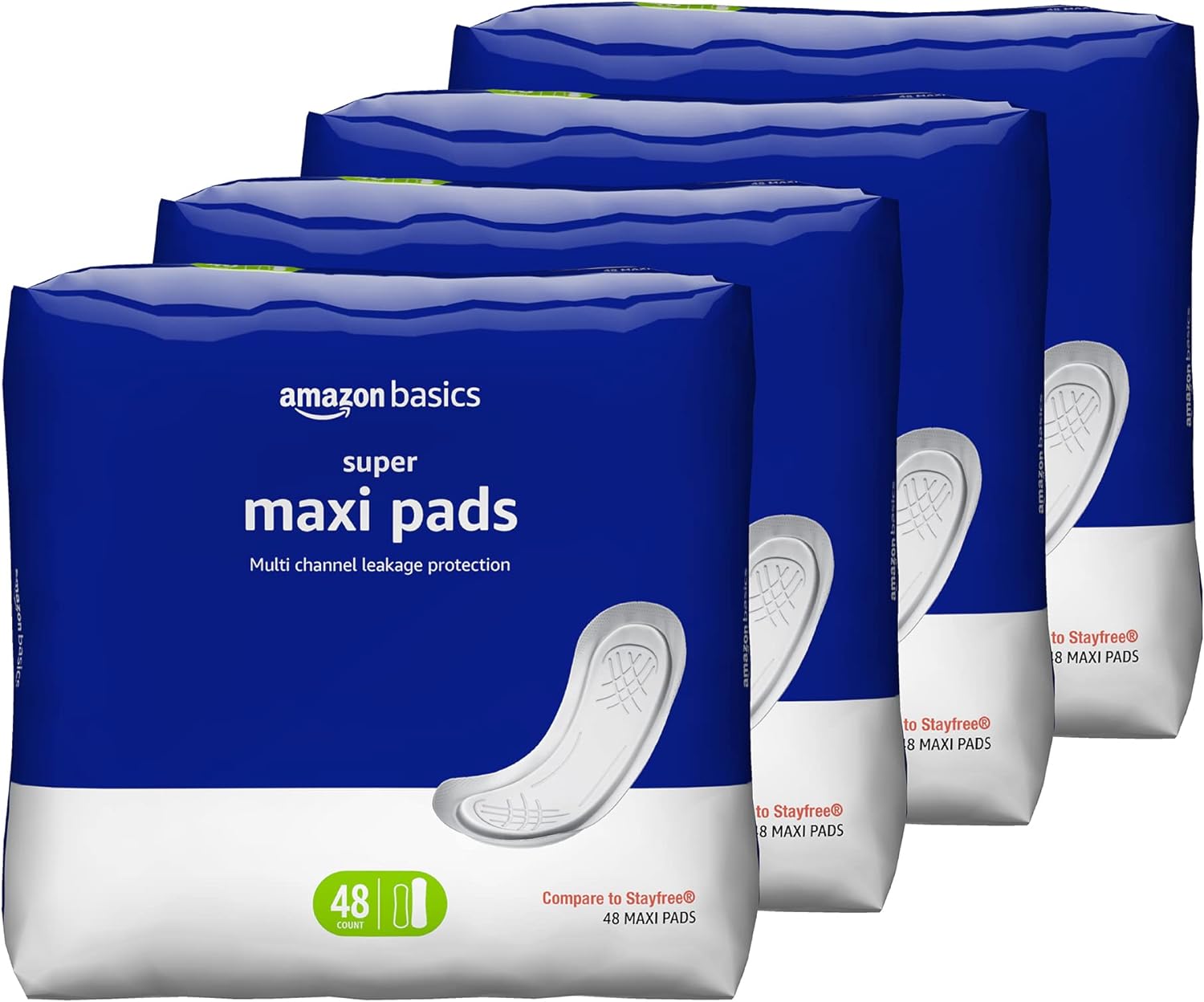 Amazon Basics Thick Maxi Pads for Periods, Super Absorbency, Unscented, 192 Count (4 Packs of 48) (Previously Solimo)