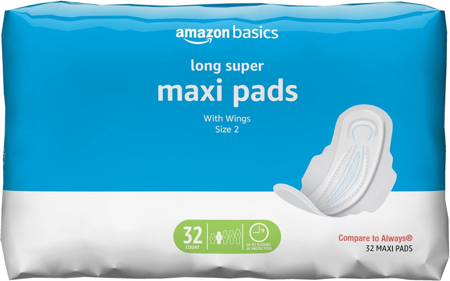 Amazon Basics Thick Maxi Pads with Flexi-Wings for Periods, Long Length, Super Absorbency, Unscented, Size 2, 32 Count, 1 Pack (Previously Solimo)