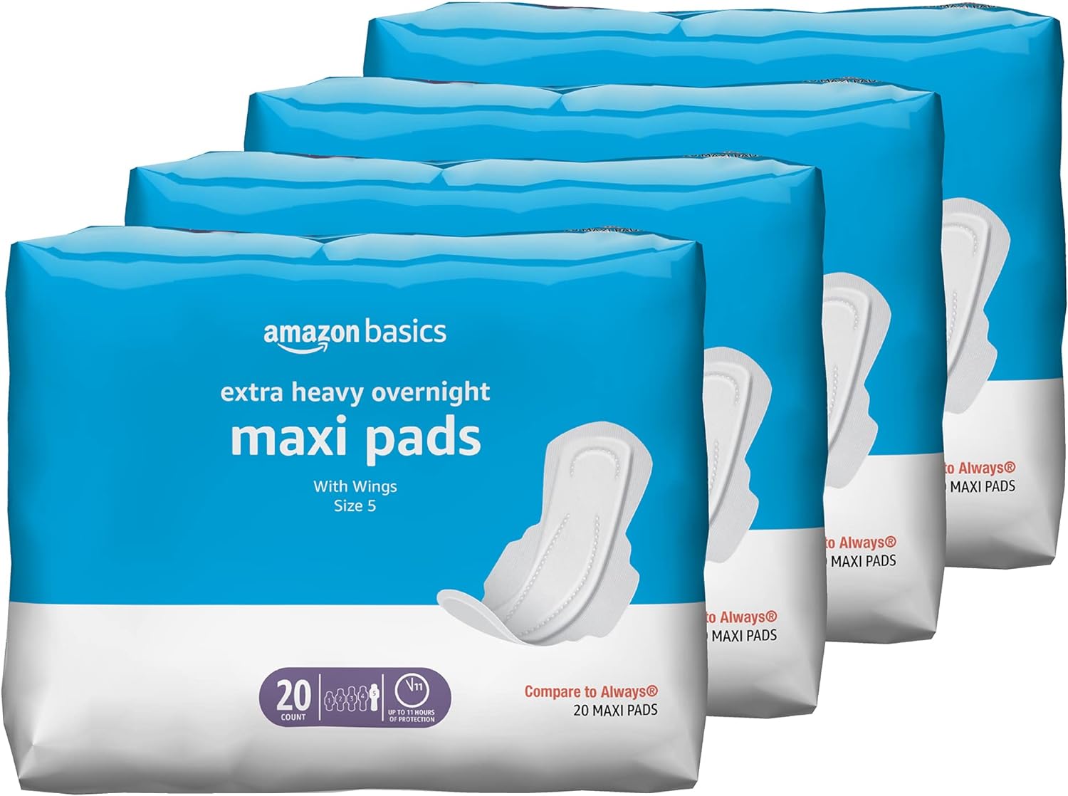 Amazon Basics Thick Maxi Pads with Flexi-Wings for Periods, Extra Heavy Overnight Absorbency, Unscented, Size 5, 80 Count (4 Packs of 20) (Previously Solimo)