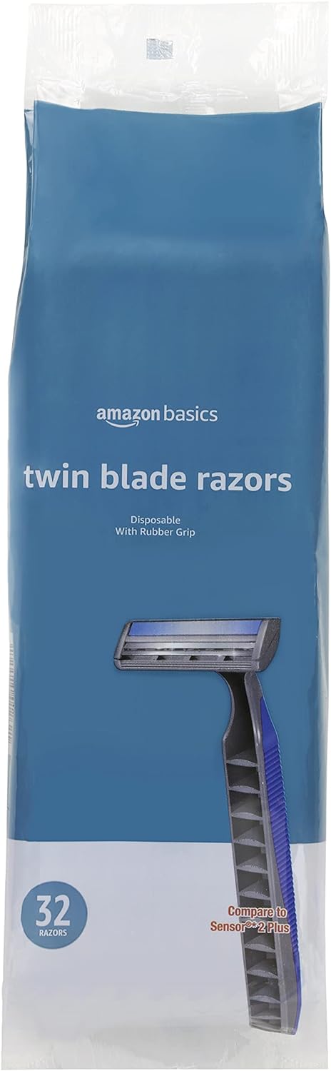 Amazon Basics Twin Blade Pivoting Disposable Razors with Rubber Grip, 32 Count, 1-Pack (Previously Solimo)