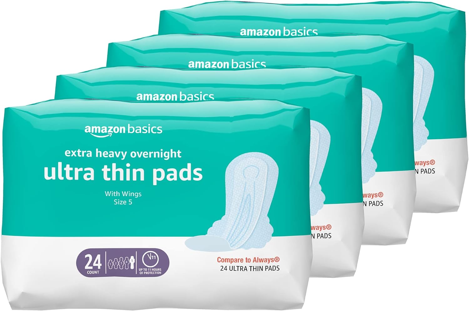 Amazon Basics Ultra Thin Pads with Flexi-Wings for Periods, Extra Heavy Overnight Absorbency, Unscented, Size 5, 96 Count, 4 Packs of 24 (Previously Solimo)