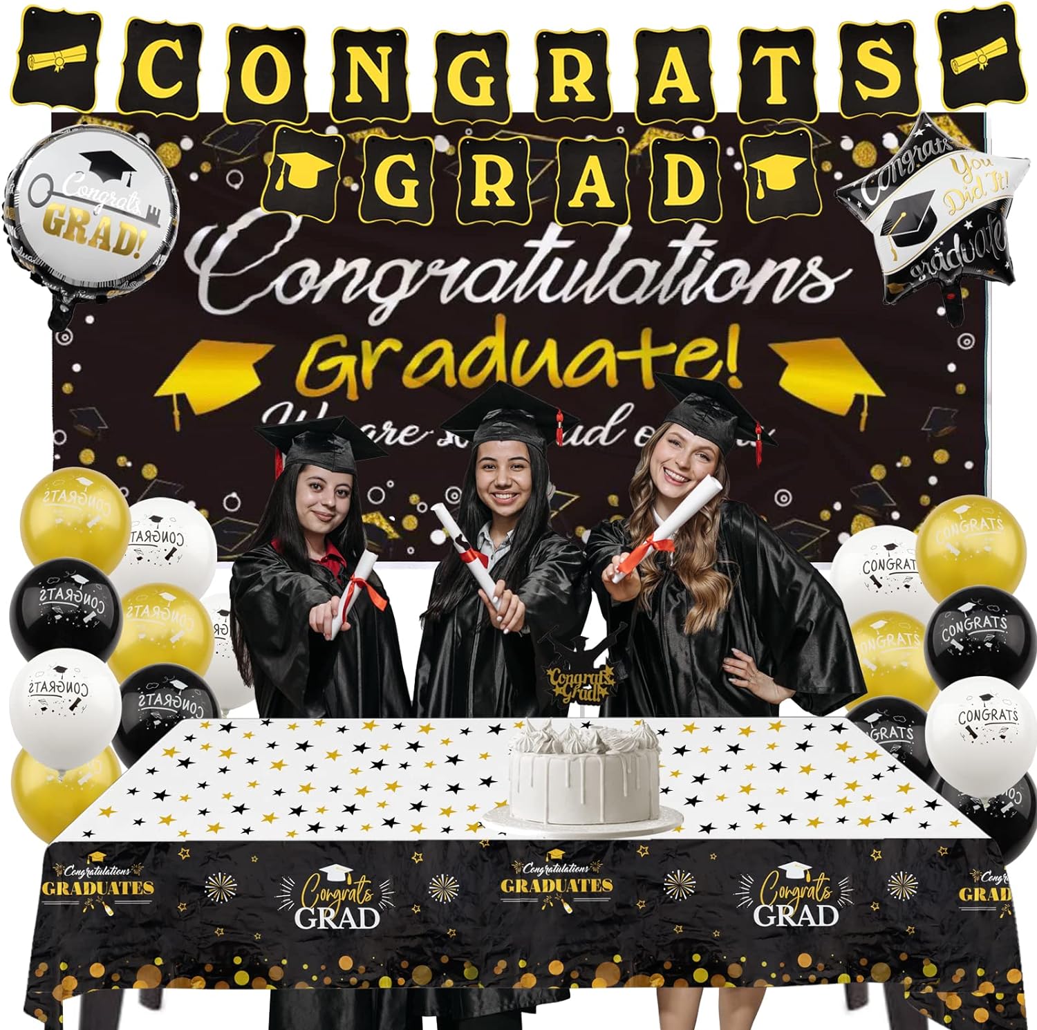 ZERODECO Graduation Decorations - Graduation Party Supplies Including Congrats Grad Banners, Tablecloth, Backdrop Sign, Cake Flag, Foil Star and Heart Balloons (Black)