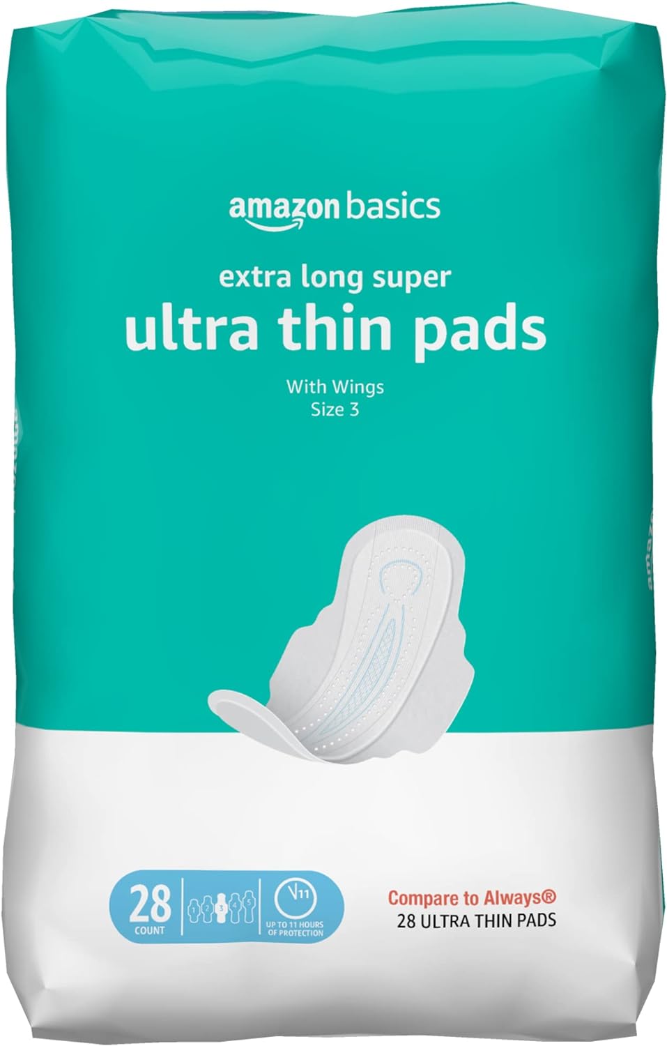 Amazon Basics Ultra Thin Pads with Flexi-Wings for Periods, Extra Long Length, Super Absorbency, Unscented, Size 3, 28 Count, 1 Pack (Previously Solimo)