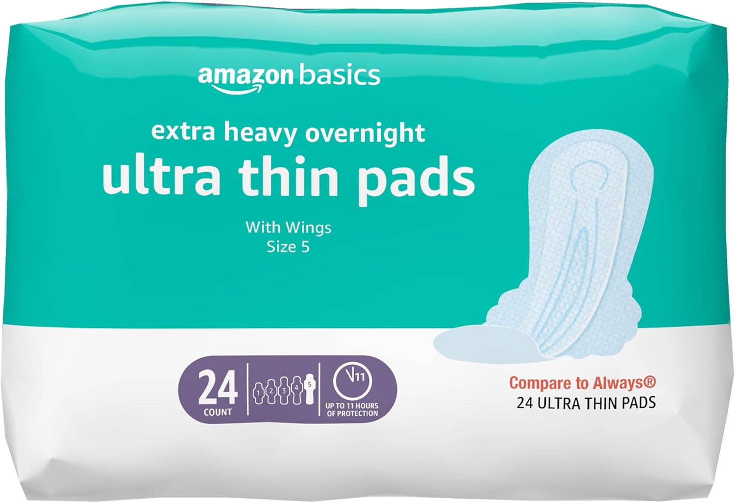 Amazon Basics Ultra Thin Pads with Flexi-Wings for Periods, Extra Heavy Overnight Absorbency, Unscented, Size 5, 24 Count, 1 Pack (Previously Solimo)