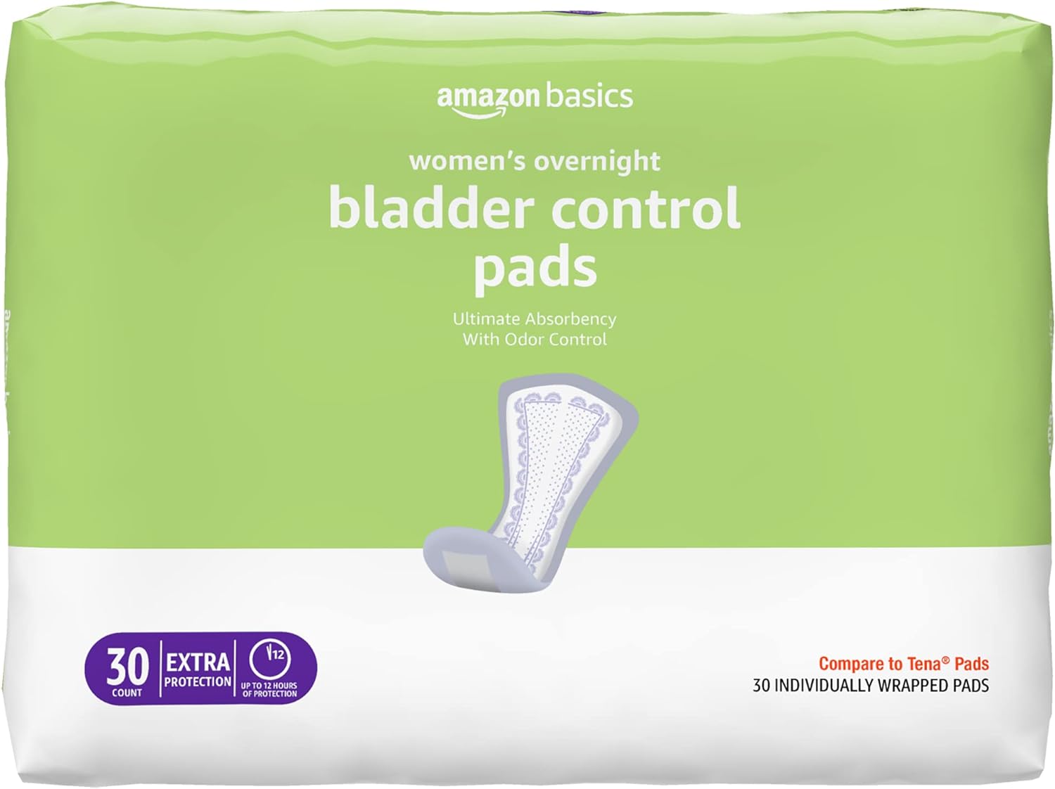 Amazon Basics Incontinence, Bladder Control & Postpartum Pads for Women, Overnight Absorbency, 30 Count, 1 Pack (Previously Solimo)