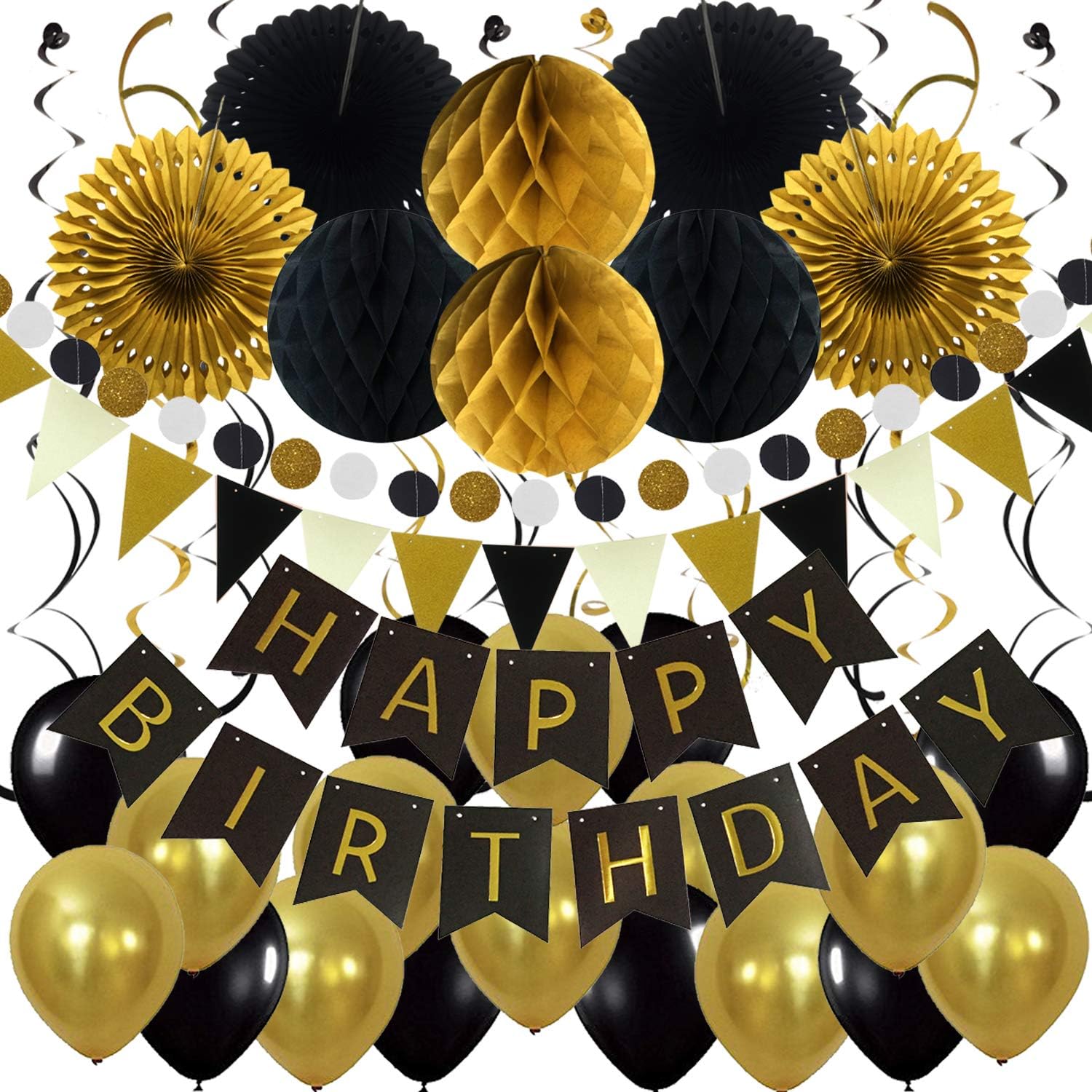 ZERODECO Birthday Party Decoration, Happy Birthday Banner with Paper Fans, Honeycomb Balls, Triangular Pennants, Circle Paper Garland, Hanging Swirls and Balloons - Black and Imitation-Gold